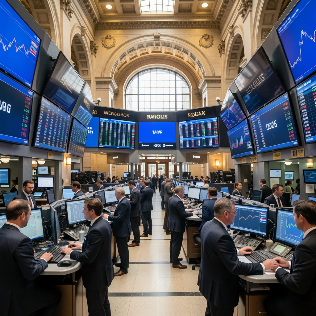 Фондовая биржа NYSE в Нью-Йорке, трейдеры у мониторов с финансовыми данными и индикаторами рынка